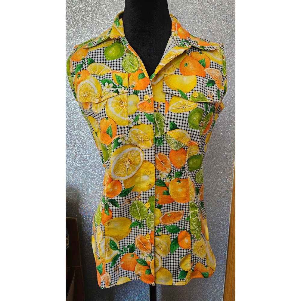 My Name is Panama Vintage‎ Citrus Gingham Sleeveless Button Down Shirt Cotton S